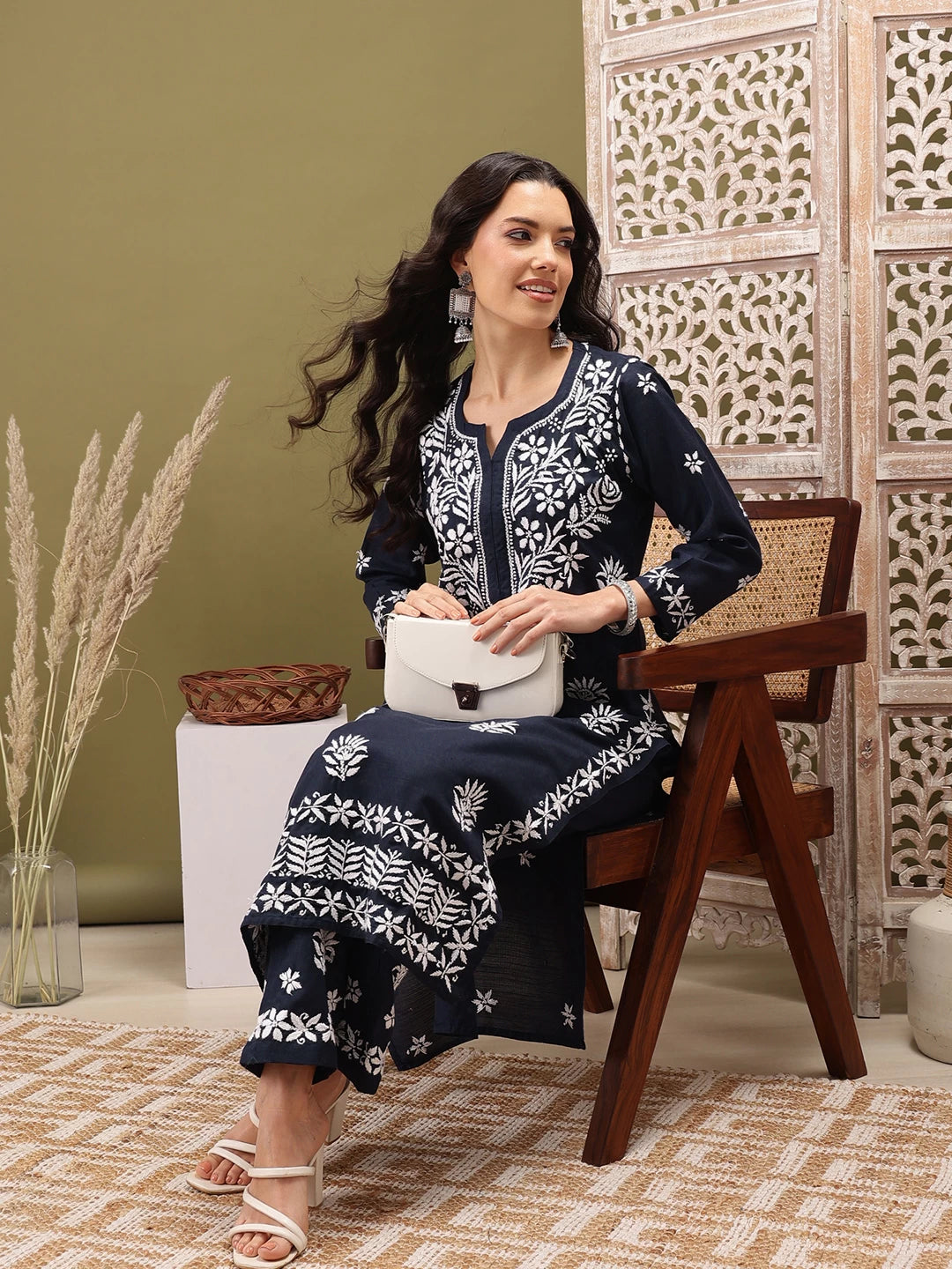 Ada Hand Embroidered Navy Blue cotton Lucknowi Chikankari Co-Ord Set A811257