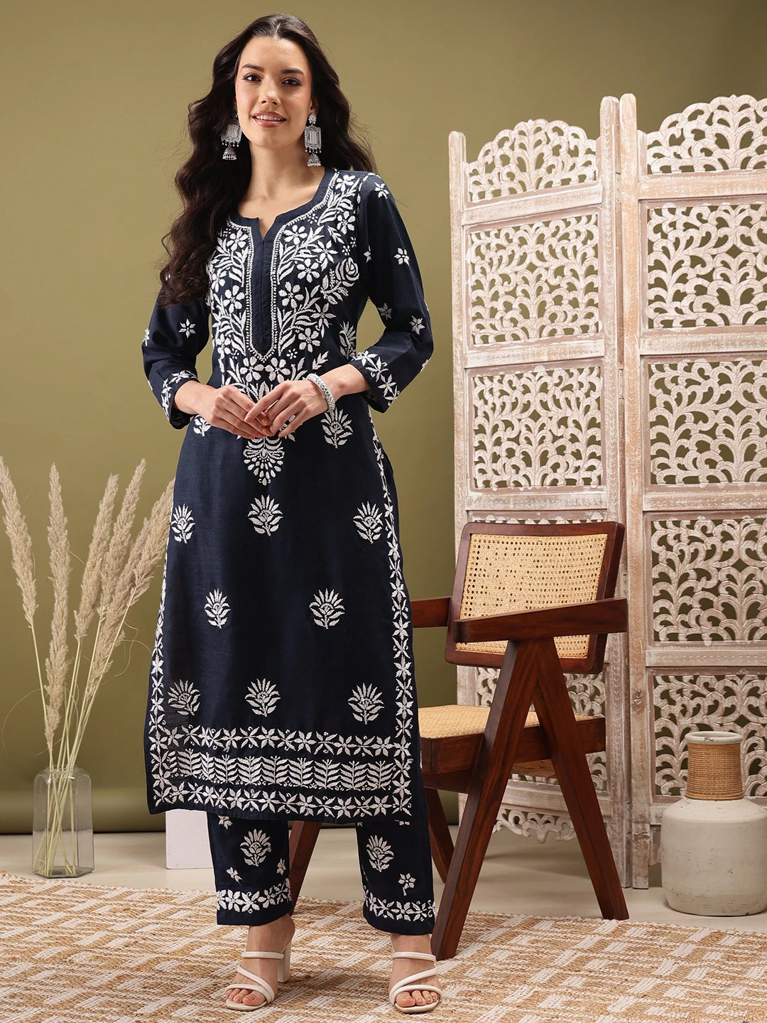 Ada Hand Embroidered Navy Blue cotton Lucknowi Chikankari Co-Ord Set A811257