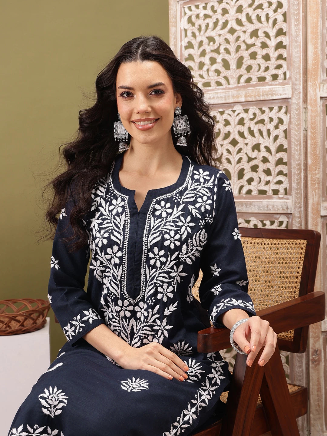 Ada Hand Embroidered Navy Blue cotton Lucknowi Chikankari Co-Ord Set A811257