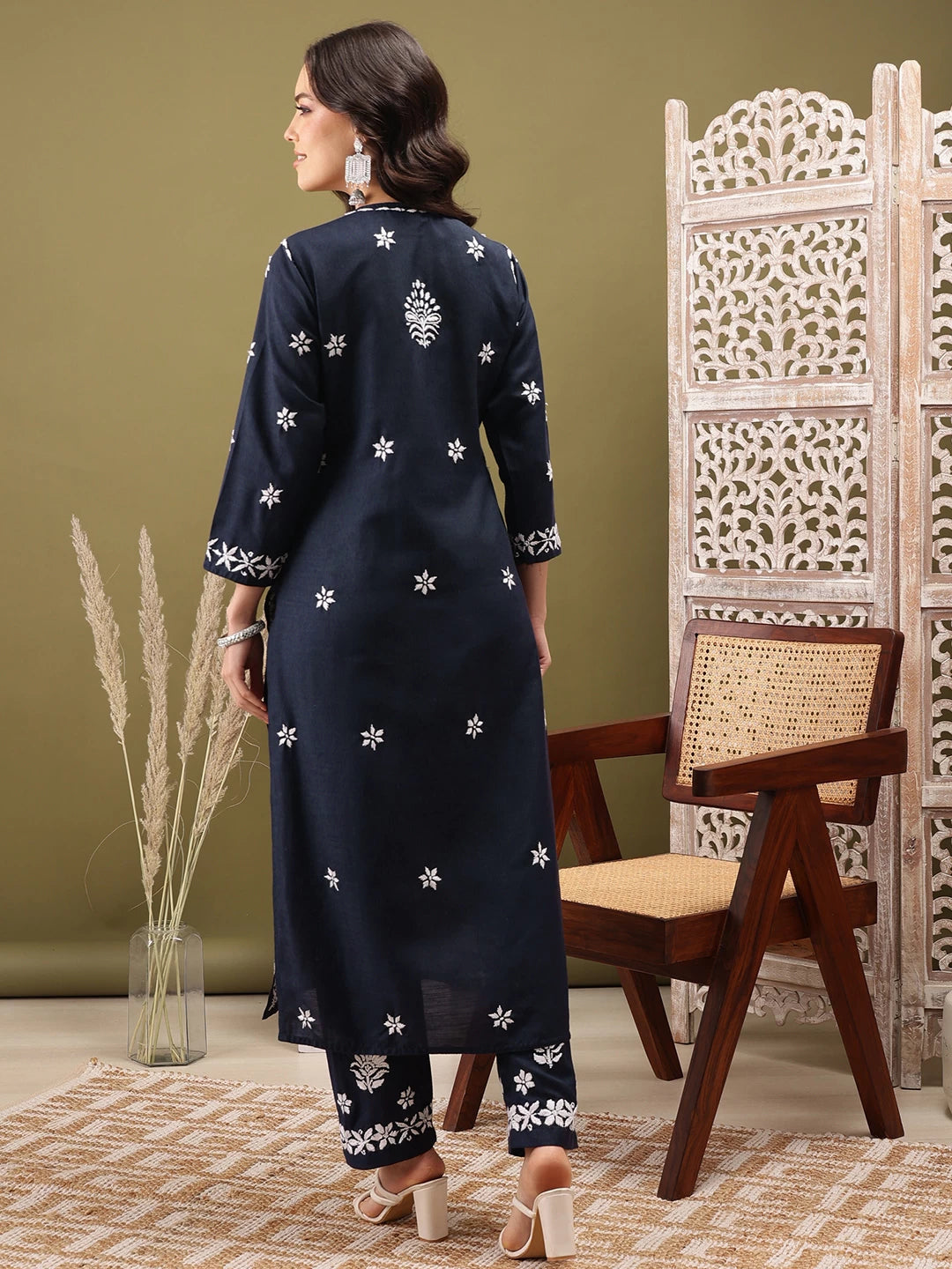 Ada Hand Embroidered Navy Blue cotton Lucknowi Chikankari Co-Ord Set A811257