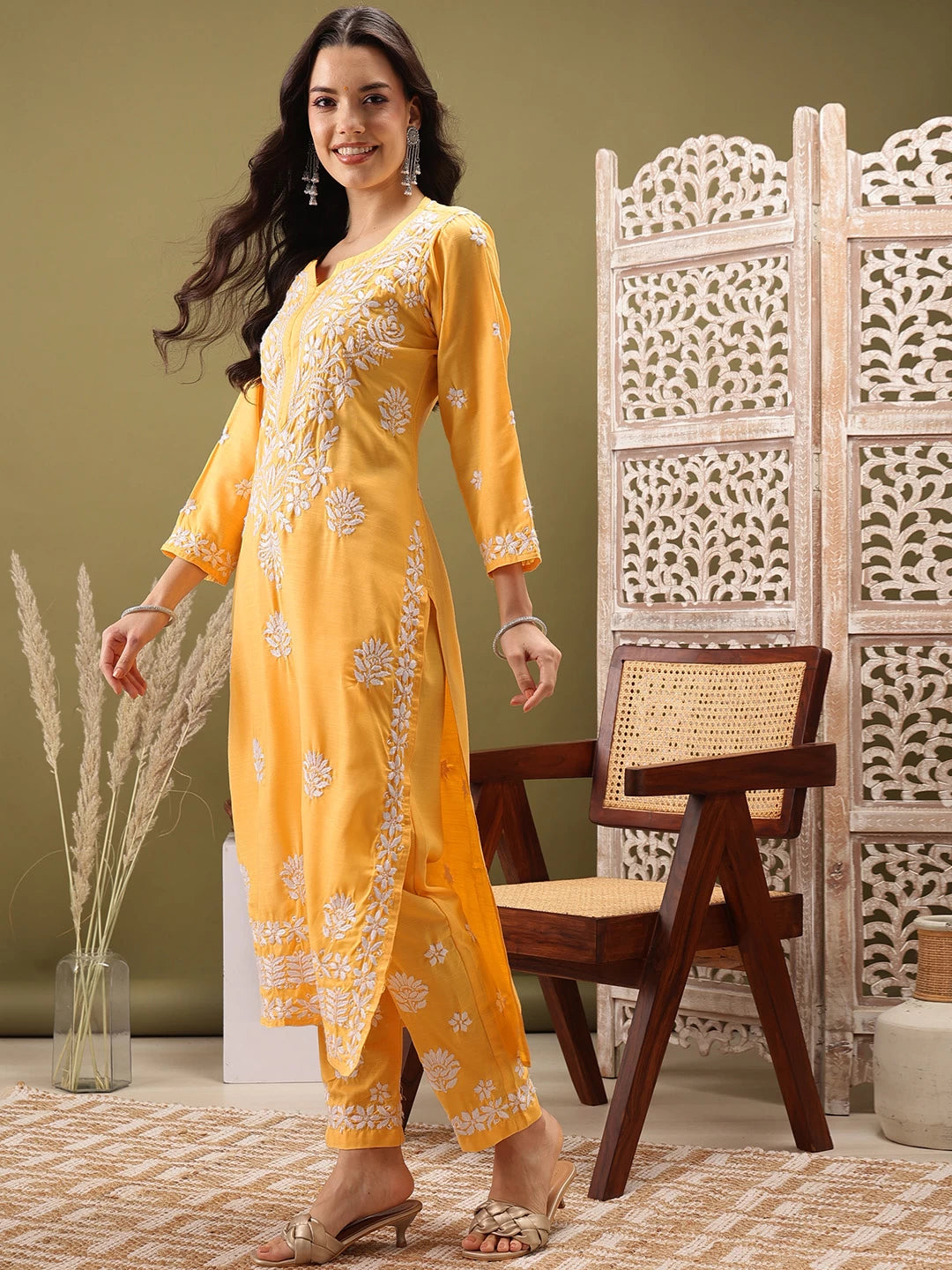 Ada Hand Embroidered Yellow cotton Lucknowi Chikankari Co-Ord Set A811258