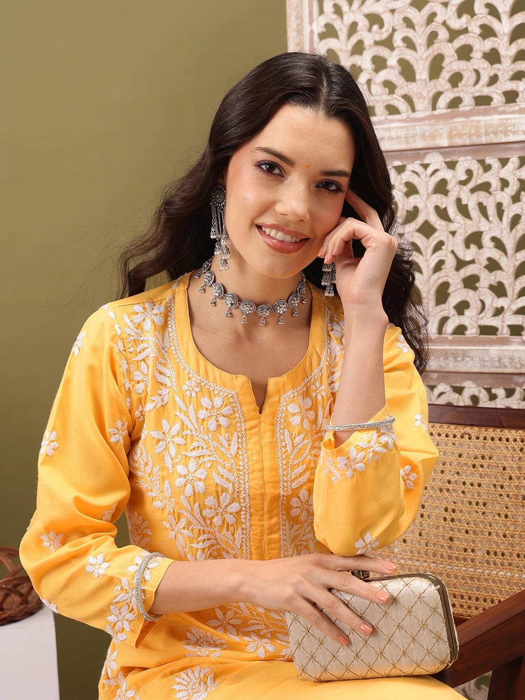 Ada Hand Embroidered Yellow cotton Lucknowi Chikankari Co-Ord Set A811258