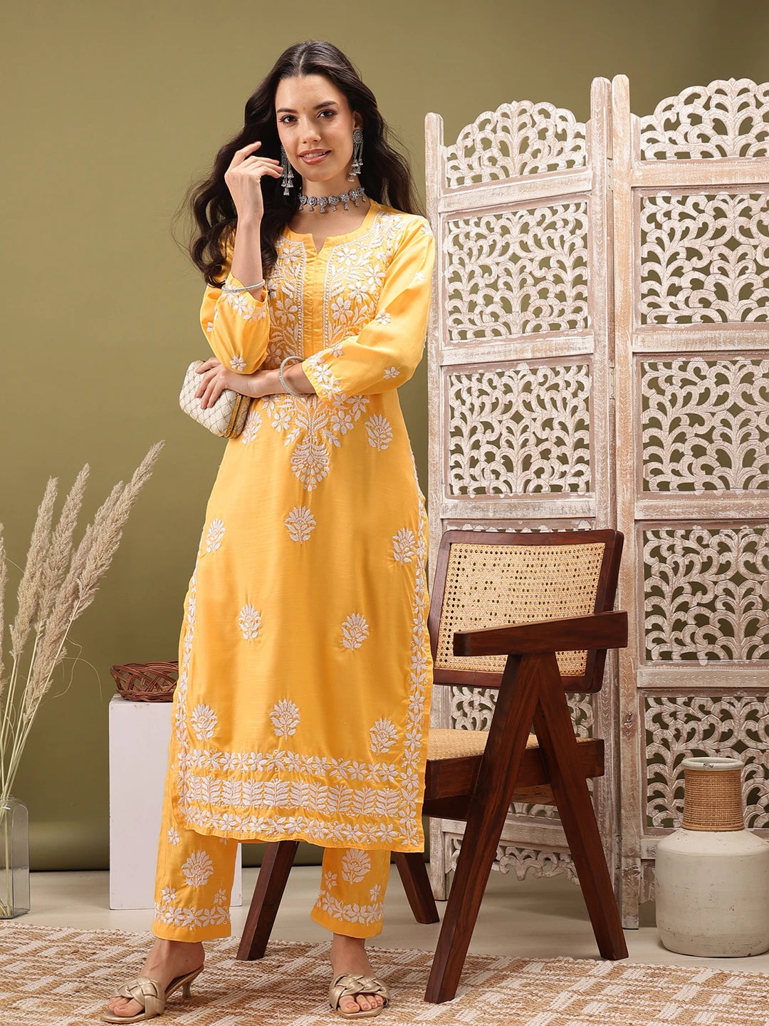 Ada Hand Embroidered Yellow cotton Lucknowi Chikankari Co-Ord Set A811258