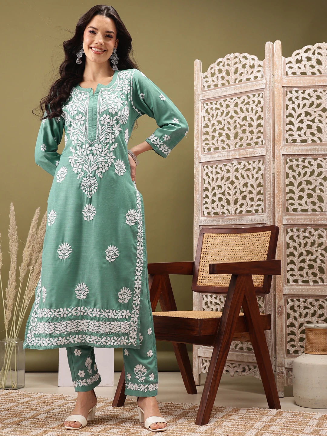 Ada Hand Embroidered Pastel Mint Green cotton Lucknowi Chikankari Co-Ord Set A811259