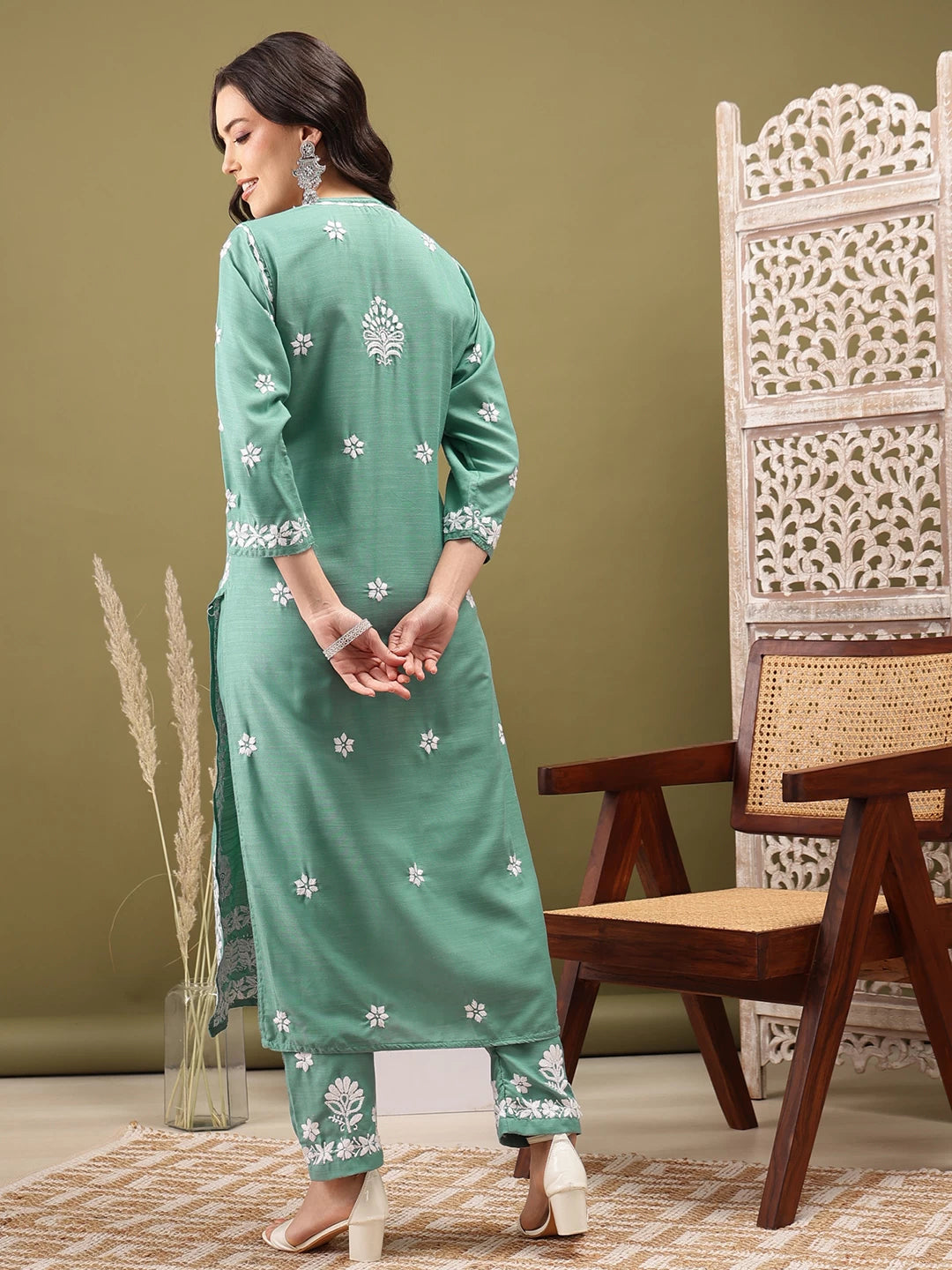 Ada Hand Embroidered Pastel Mint Green cotton Lucknowi Chikankari Co-Ord Set A811259