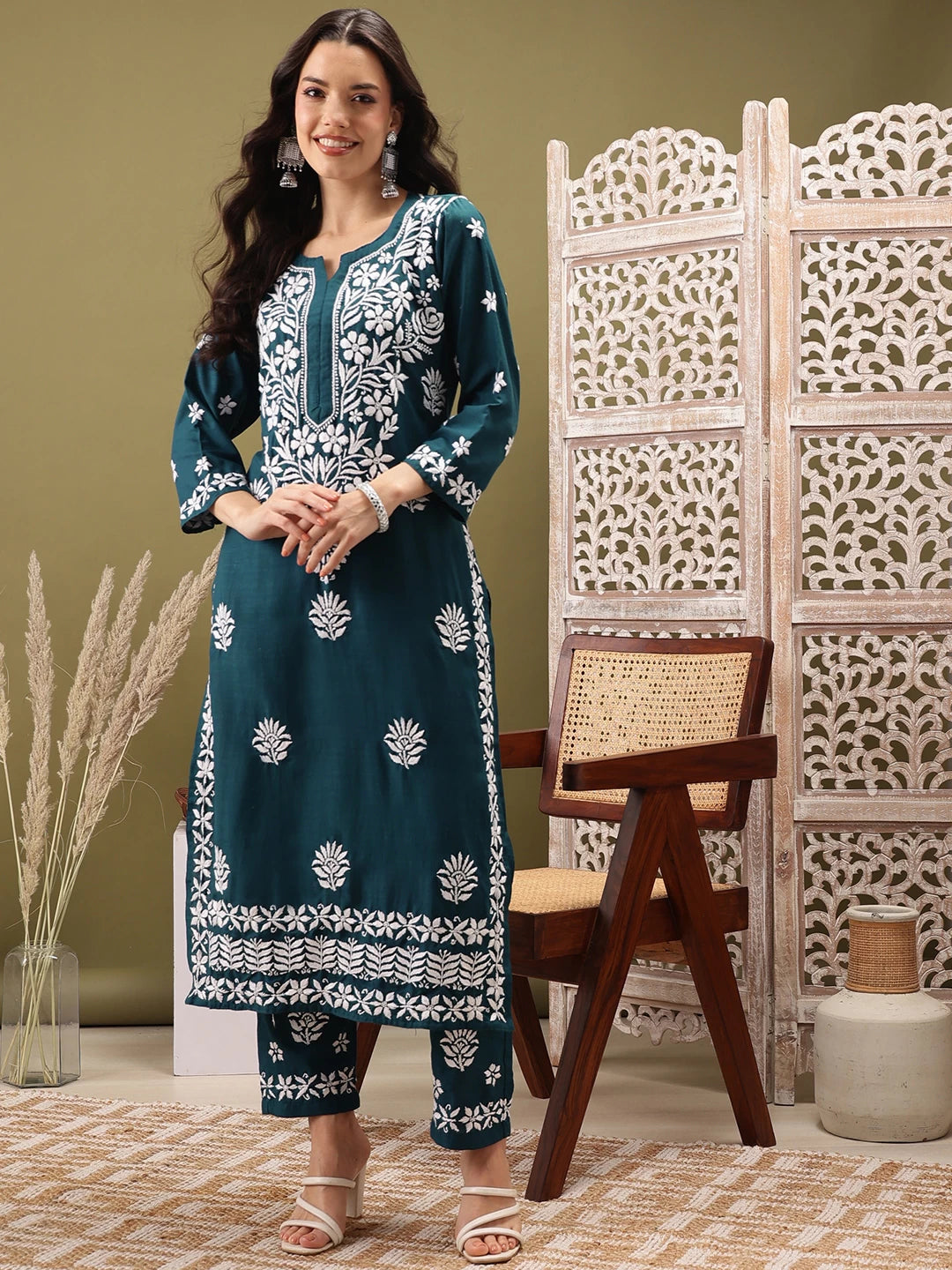 Ada Hand Embroidered Peacock Blue cotton Lucknowi Chikankari Co-Ord Set A811260