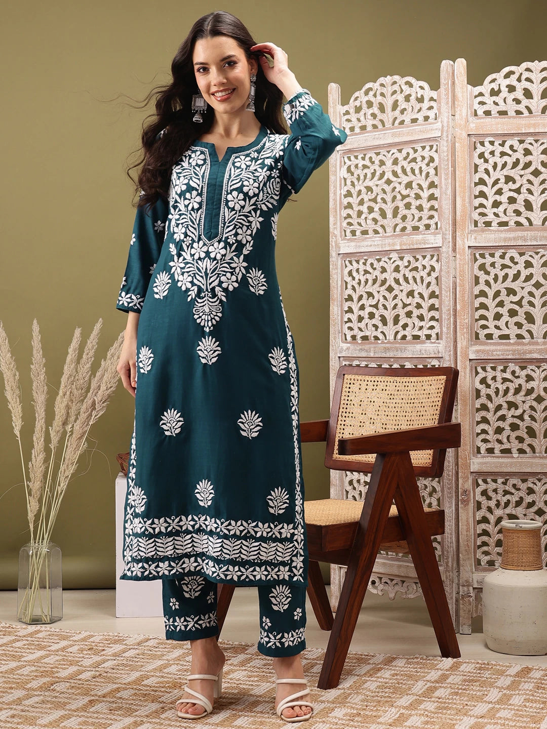 Ada Hand Embroidered Peacock Blue cotton Lucknowi Chikankari Co-Ord Set A811260