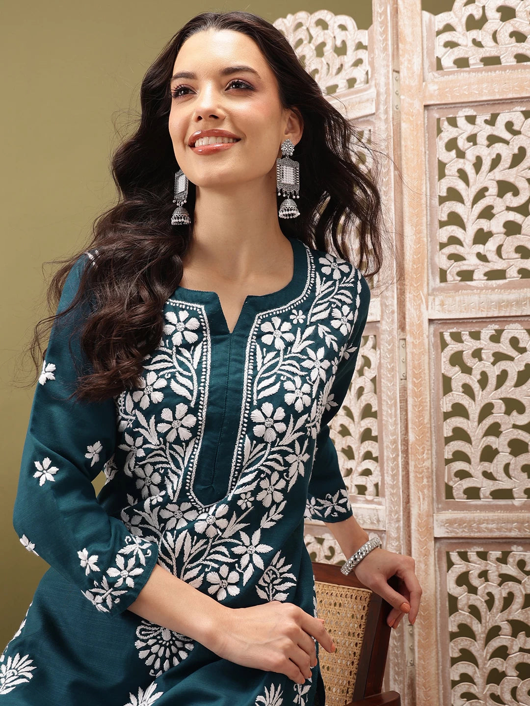 Ada Hand Embroidered Peacock Blue cotton Lucknowi Chikankari Co-Ord Set A811260