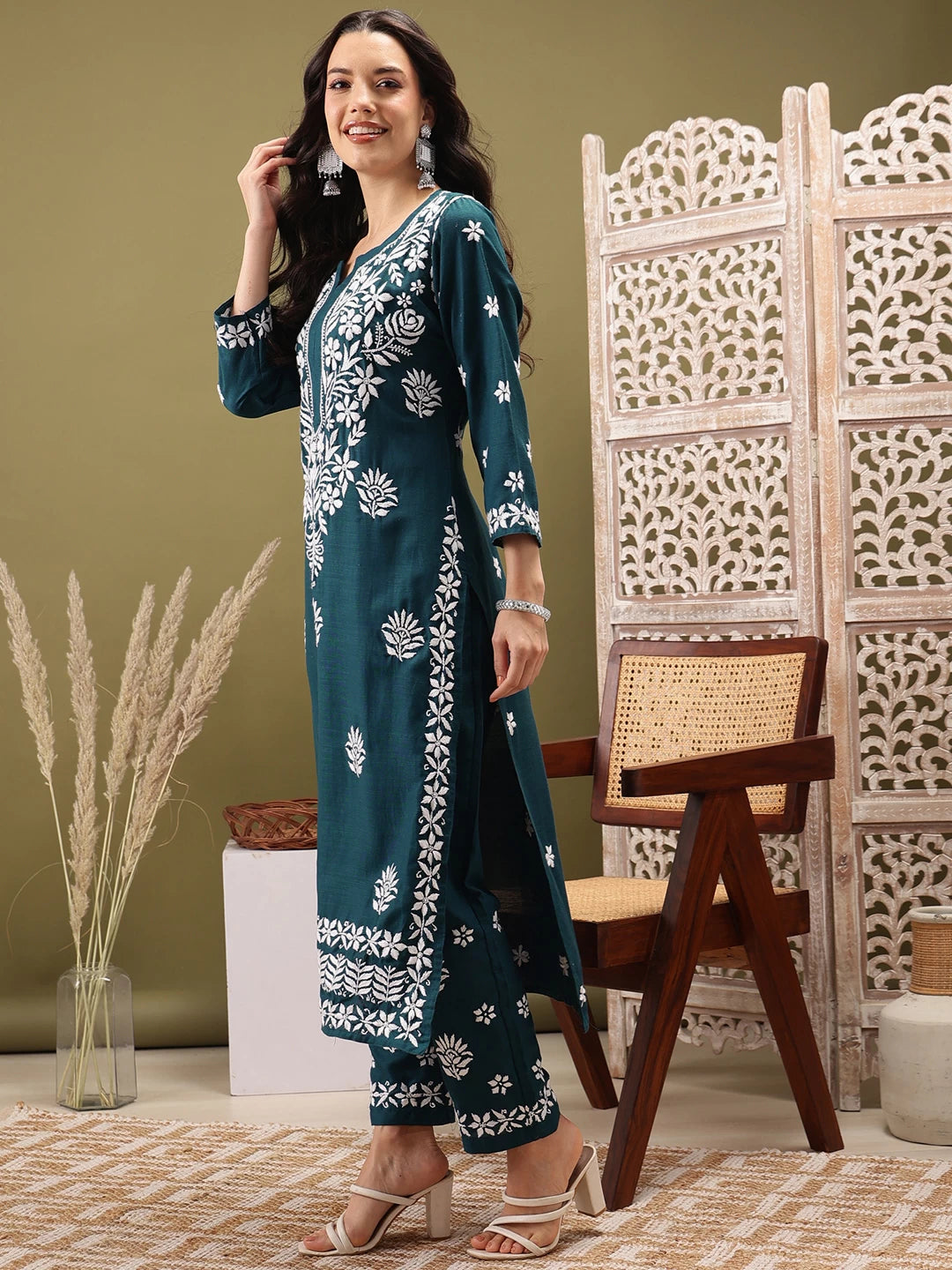 Ada Hand Embroidered Peacock Blue cotton Lucknowi Chikankari Co-Ord Set A811260