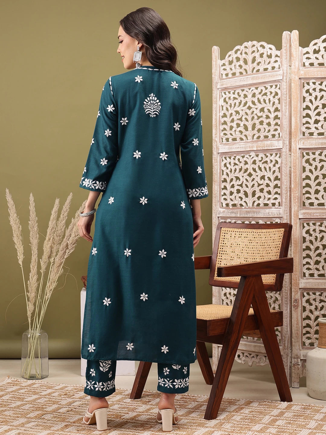 Ada Hand Embroidered Peacock Blue cotton Lucknowi Chikankari Co-Ord Set A811260