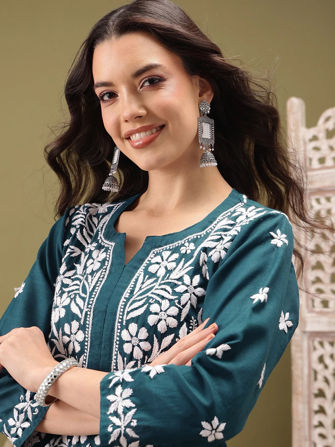 Ada Hand Embroidered Peacock Blue cotton Lucknowi Chikankari Co-Ord Set A811260