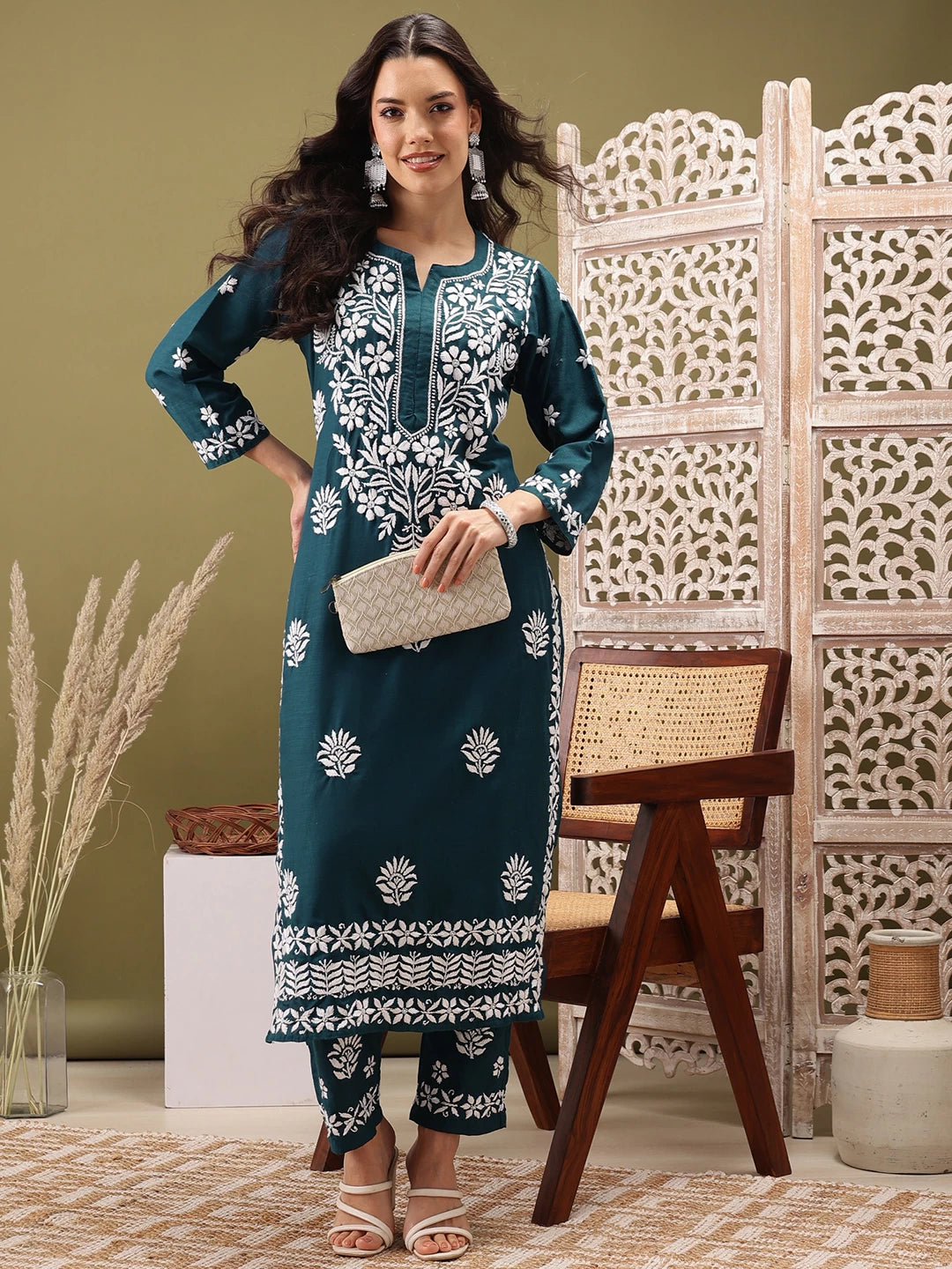 Ada Hand Embroidered Peacock Blue cotton Lucknowi Chikankari Co-Ord Set A811260