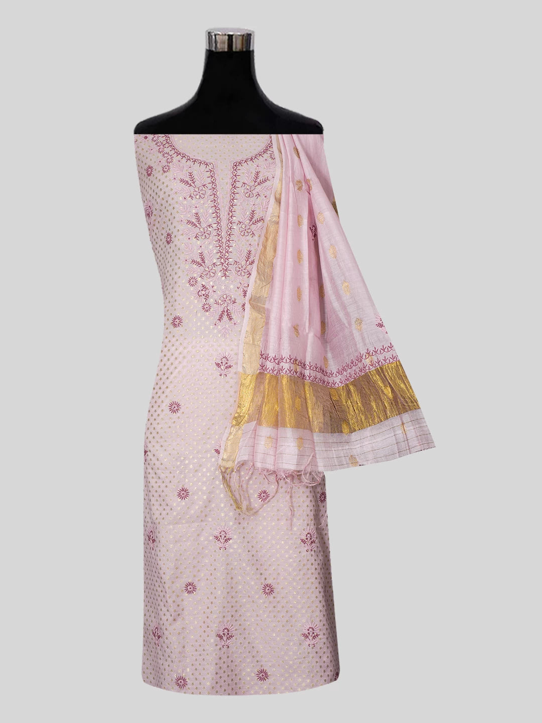 Ada Hand Embroidered Pink Chanderi Lucknowi Chikankari Unstitched Suit Piece 01A325555