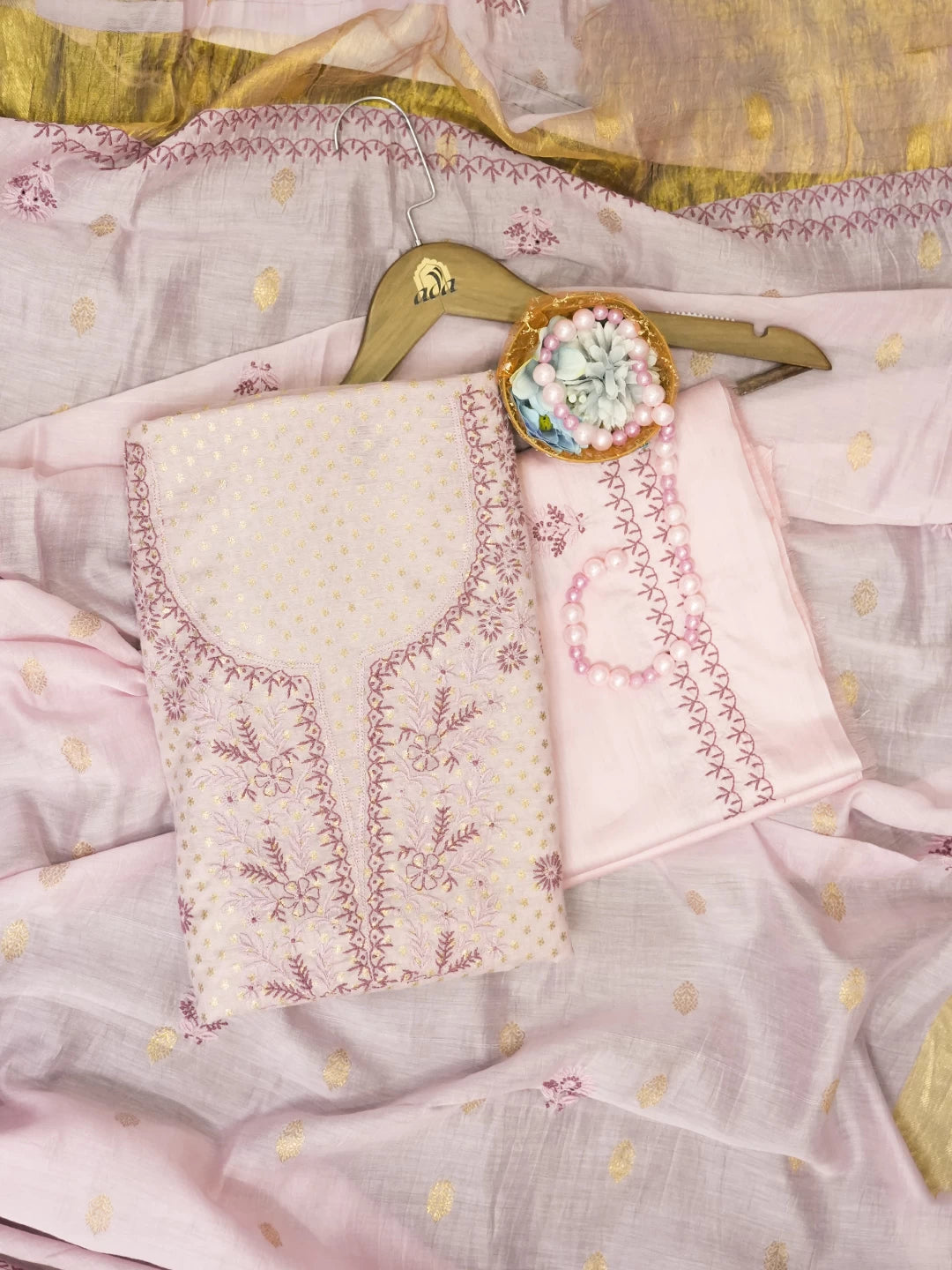 Ada Hand Embroidered Pink Chanderi Lucknowi Chikankari Unstitched Suit Piece 01A325555