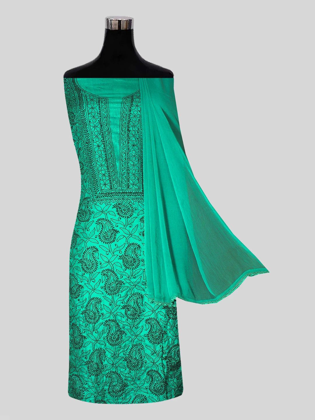 Ada Hand Embroidered Rama Green Silk Lucknowi Chikankari Unstitched Suit Piece 01A529653