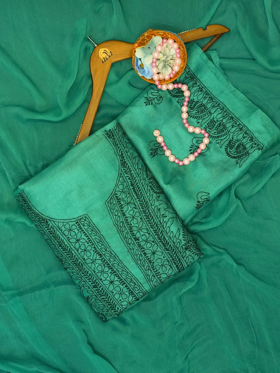 Ada Hand Embroidered Rama Green Silk Lucknowi Chikankari Unstitched Suit Piece 01A529653