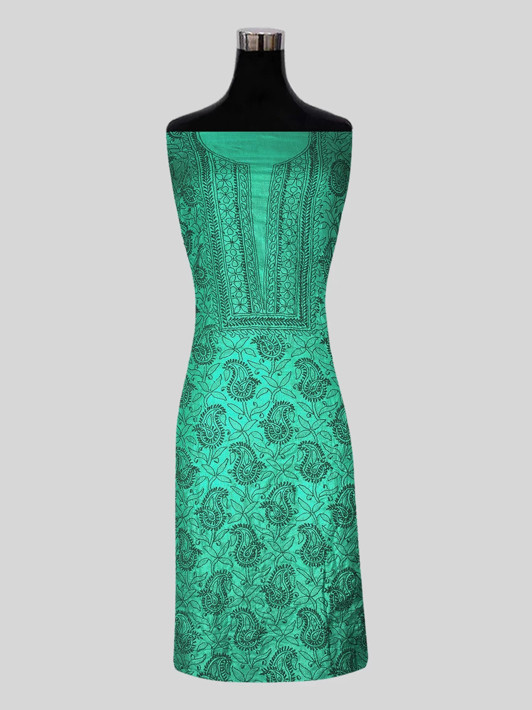 Ada Hand Embroidered Rama Green Silk Lucknowi Chikankari Unstitched Suit Piece 01A529653