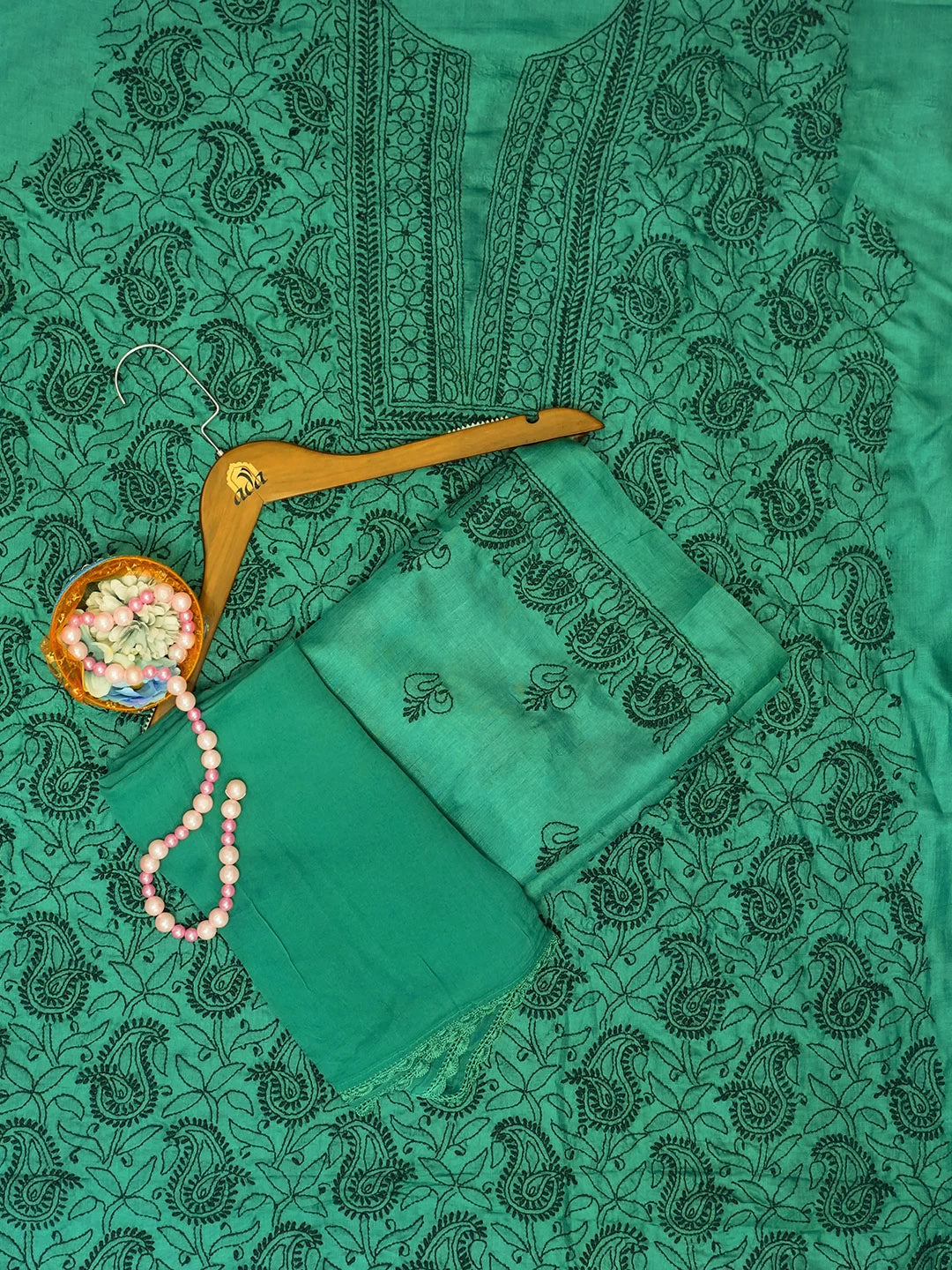 Ada Hand Embroidered Rama Green Silk Lucknowi Chikankari Unstitched Suit Piece 01A529653
