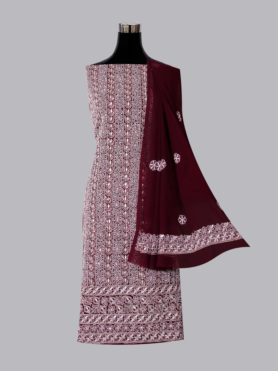 Ada Hand Embroidered Wine Georgette Lucknowi Chikankari Unstitched Suit Piece With Zari Work 01A517693