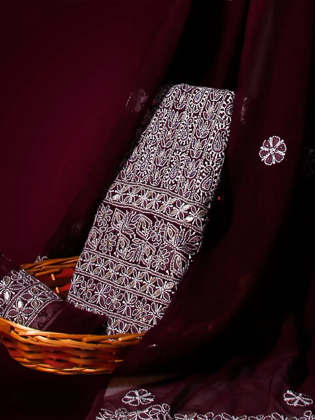 Ada Hand Embroidered Wine Georgette Lucknowi Chikankari Unstitched Suit Piece With Zari Work 01A517693