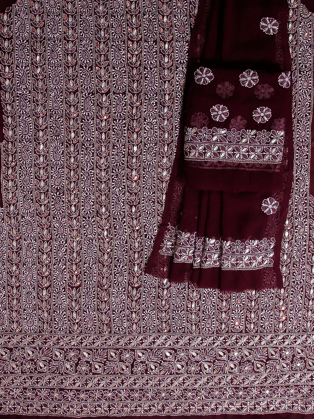 Ada Hand Embroidered Wine Georgette Lucknowi Chikankari Unstitched Suit Piece With Zari Work 01A517693