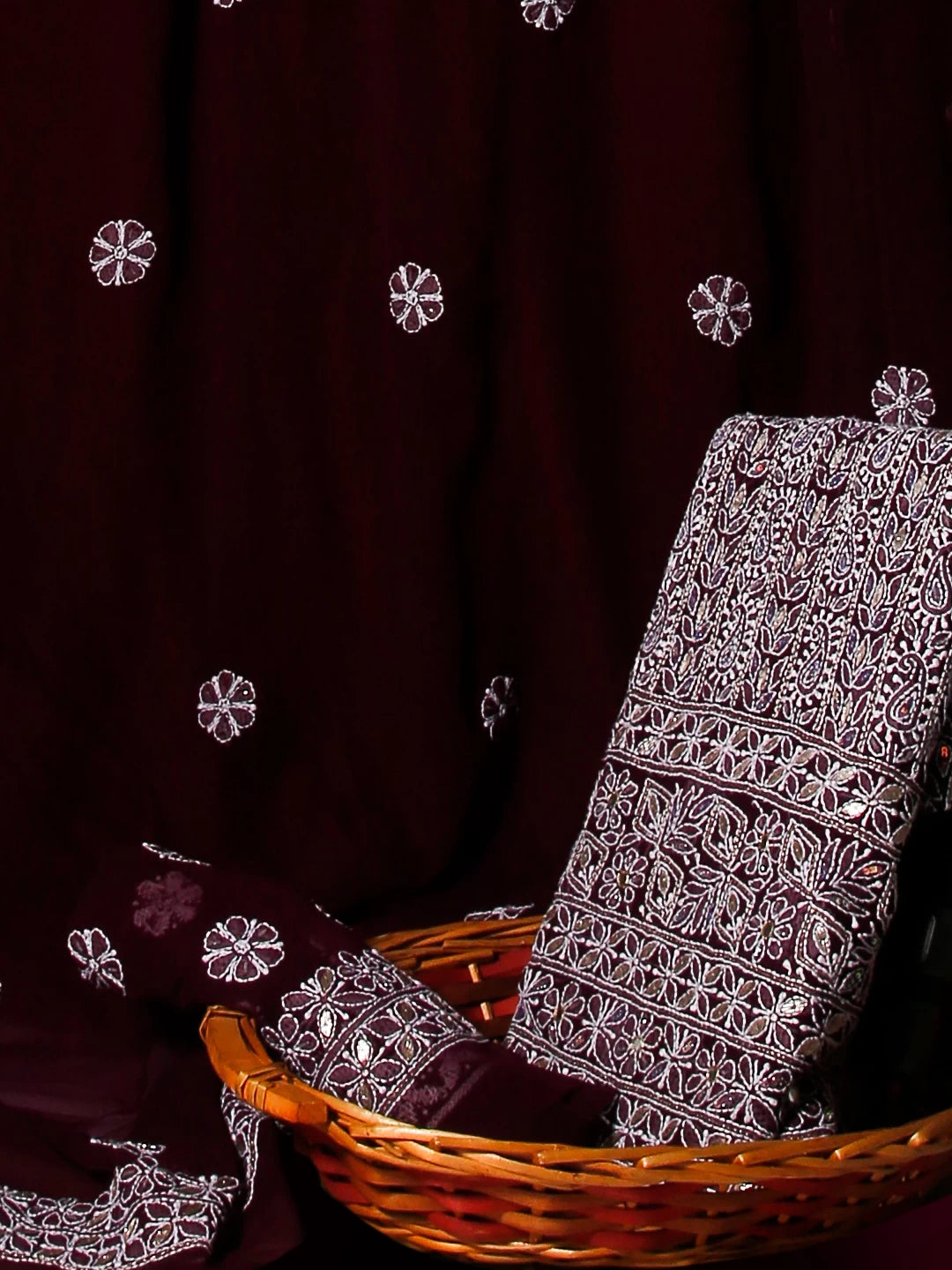 Ada Hand Embroidered Wine Georgette Lucknowi Chikankari Unstitched Suit Piece With Zari Work 01A517693