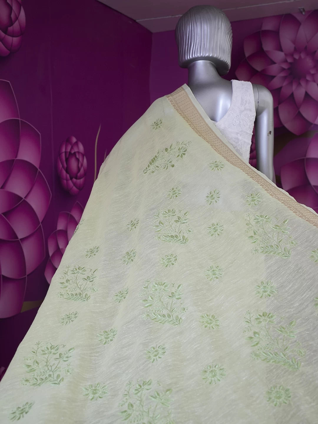 Ada Hand Embroidered Green Chanderi Lucknowi Chikankari Saree With Blouse 01A526627