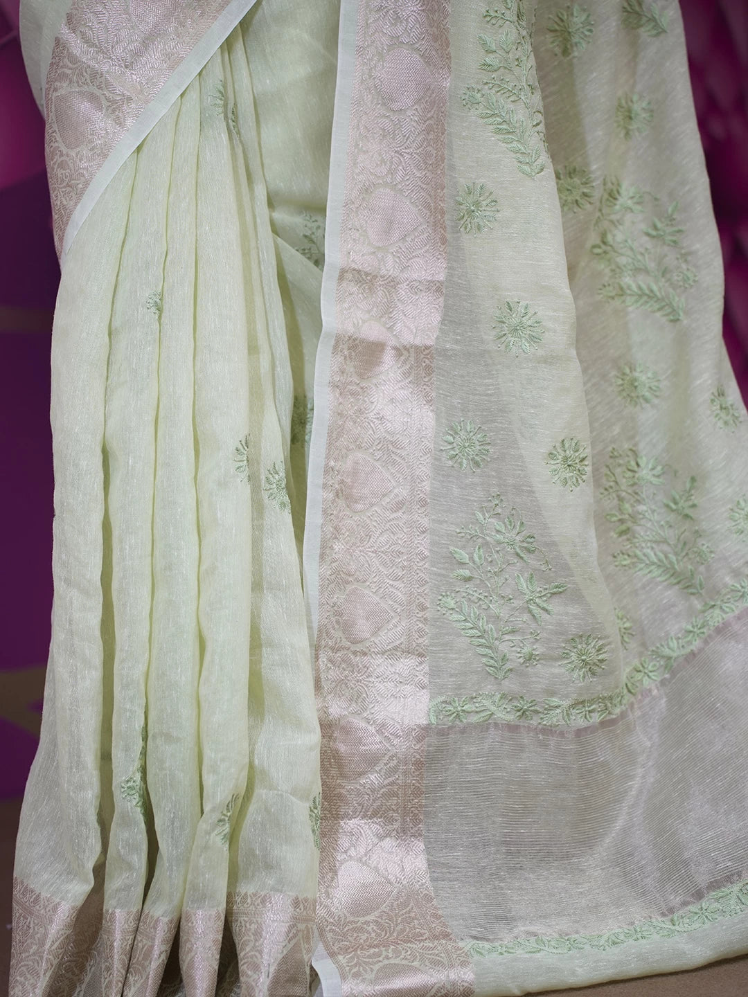 Ada Hand Embroidered Green Chanderi Lucknowi Chikankari Saree With Blouse 01A526627