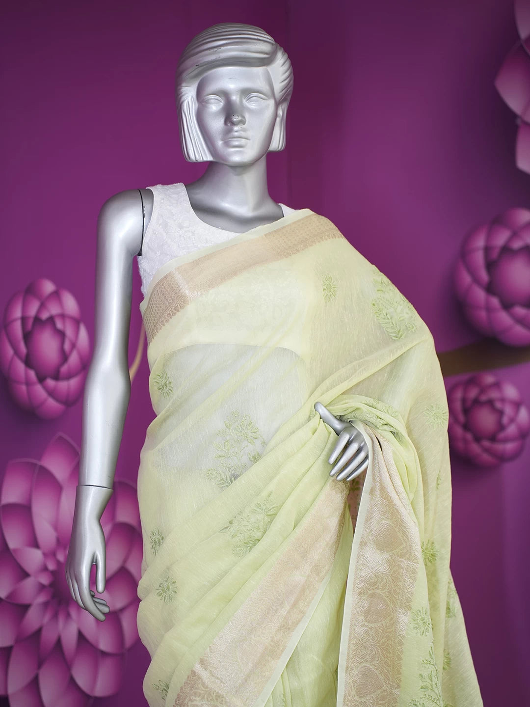 Ada Hand Embroidered Green Chanderi Lucknowi Chikankari Saree With Blouse 01A526627