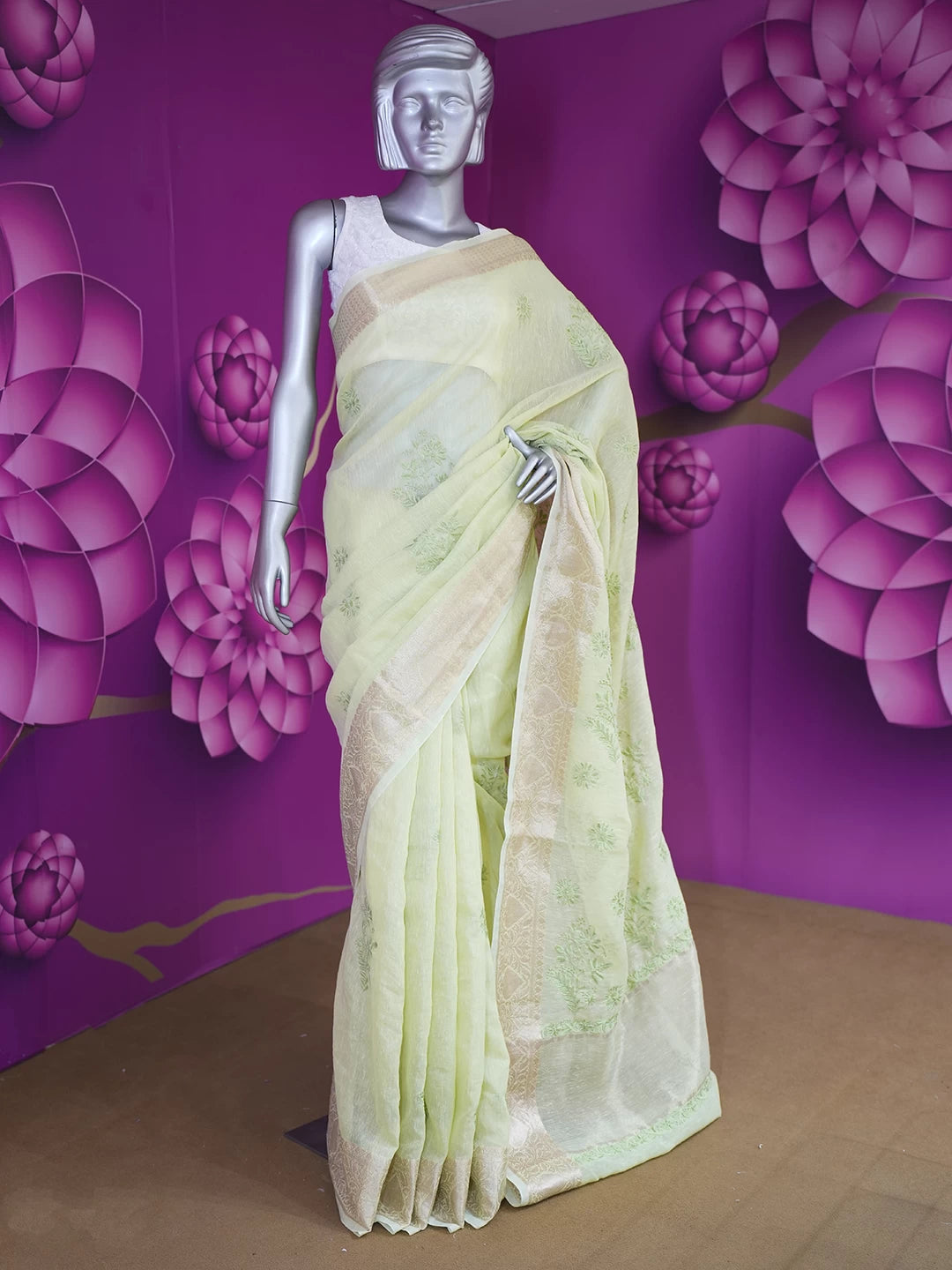 Ada Hand Embroidered Green Chanderi Lucknowi Chikankari Saree With Blouse 01A526627