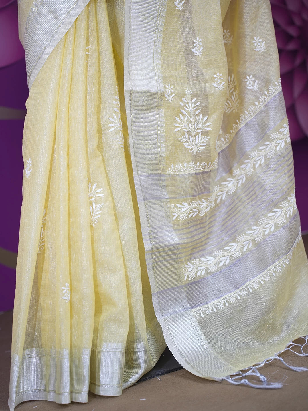 Ada Hand Embroidered Lemon Yellow Tissue Lucknowi Chikankari Saree With Blouse 01A526565