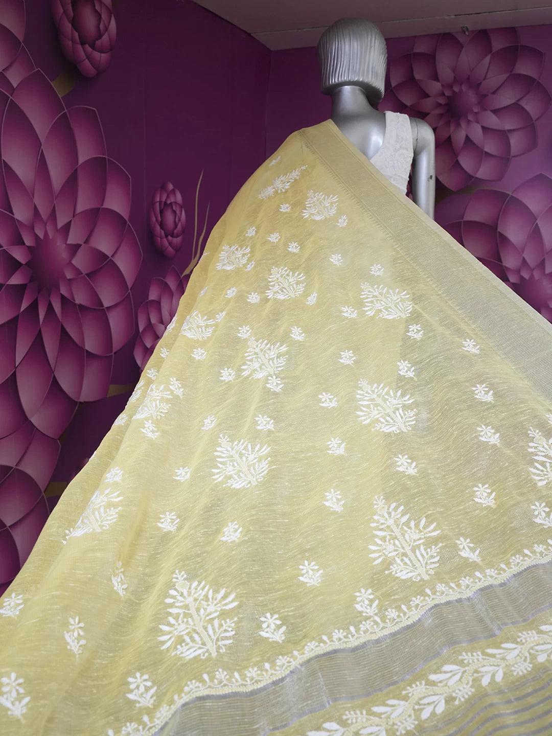 Ada Hand Embroidered Lemon Yellow Tissue Lucknowi Chikankari Saree With Blouse 01A526565