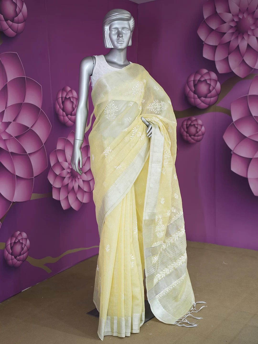 Ada Hand Embroidered Lemon Yellow Tissue Lucknowi Chikankari Saree With Blouse 01A526565