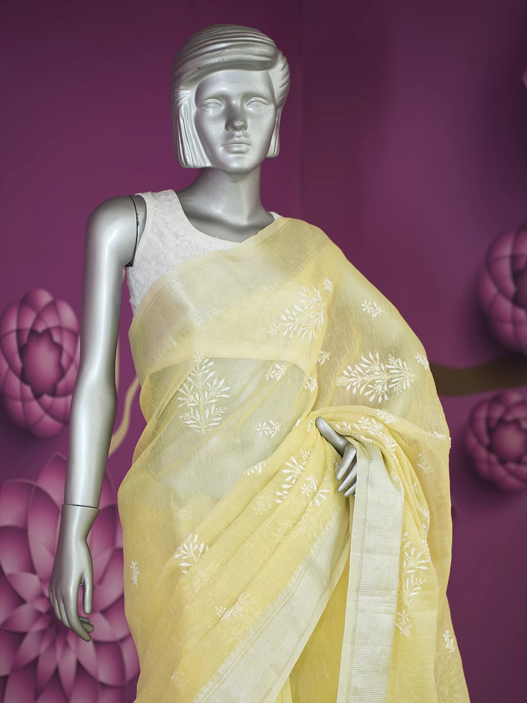 Ada Hand Embroidered Lemon Yellow Tissue Lucknowi Chikankari Saree With Blouse 01A526565
