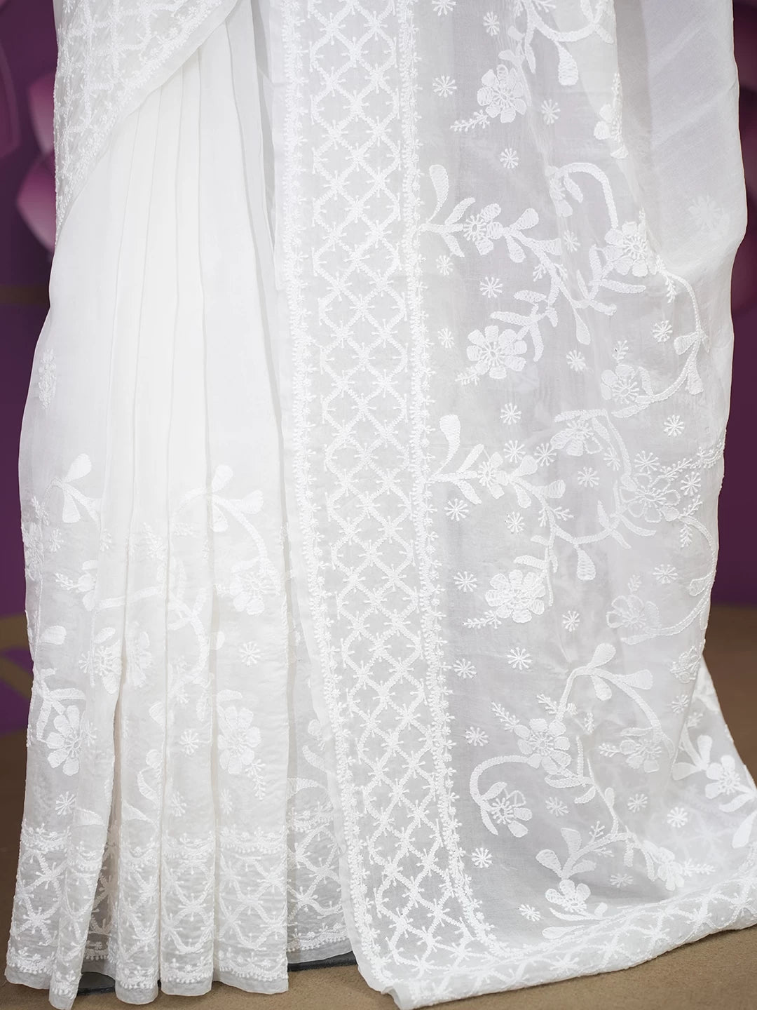 Ada Hand Embroidered Off White Organza Lucknowi Chikankari Saree With Blouse 01A516849