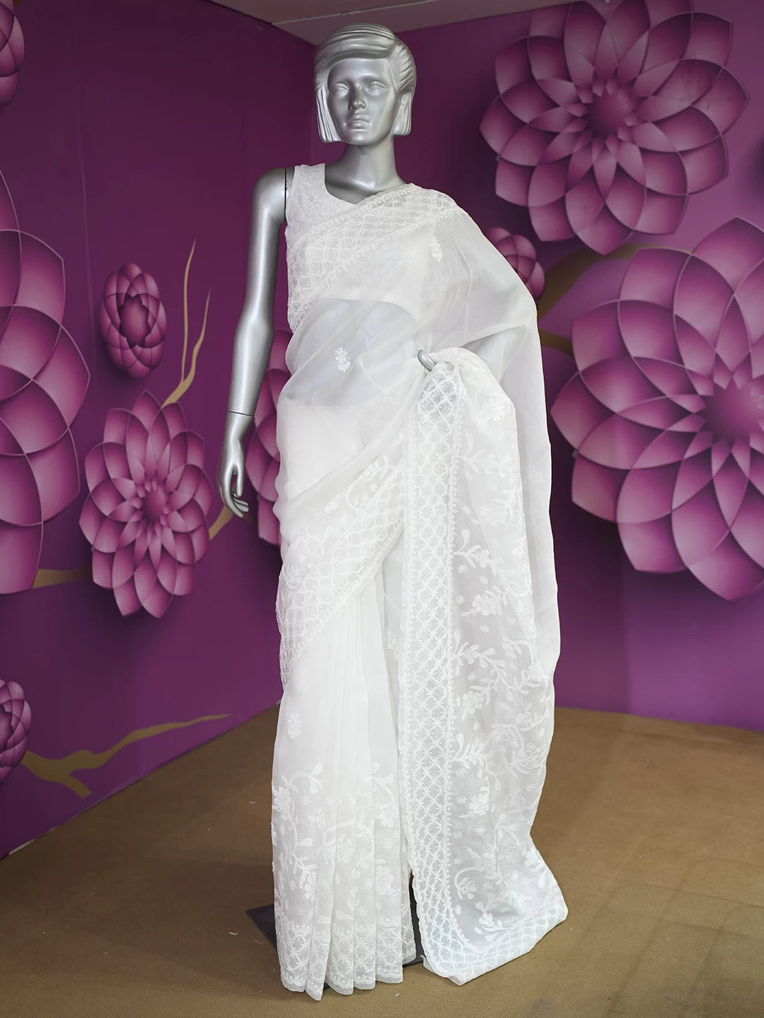 Ada Hand Embroidered Off White Organza Lucknowi Chikankari Saree With Blouse 01A516849