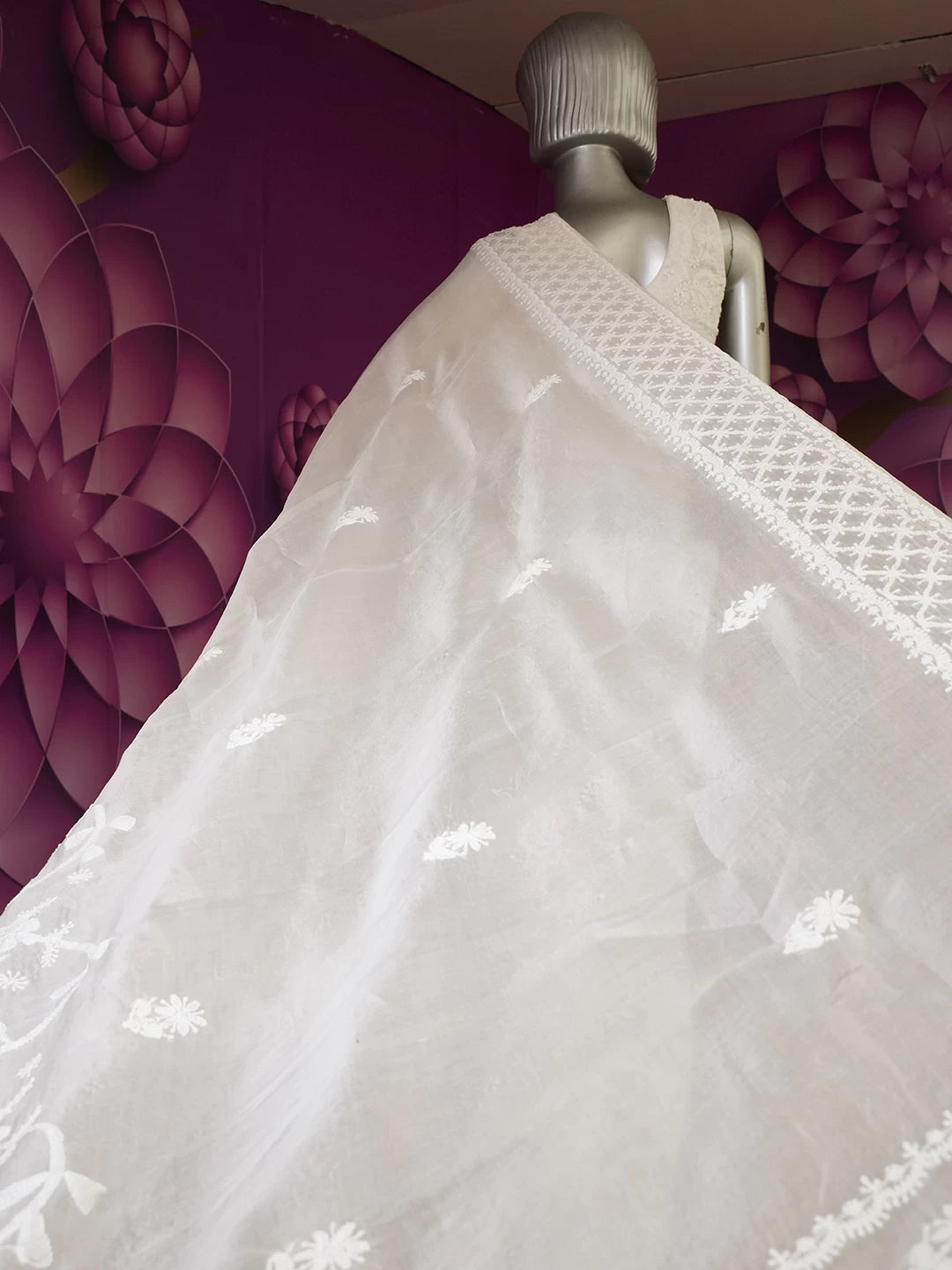 Ada Hand Embroidered Off White Organza Lucknowi Chikankari Saree With Blouse 01A516849