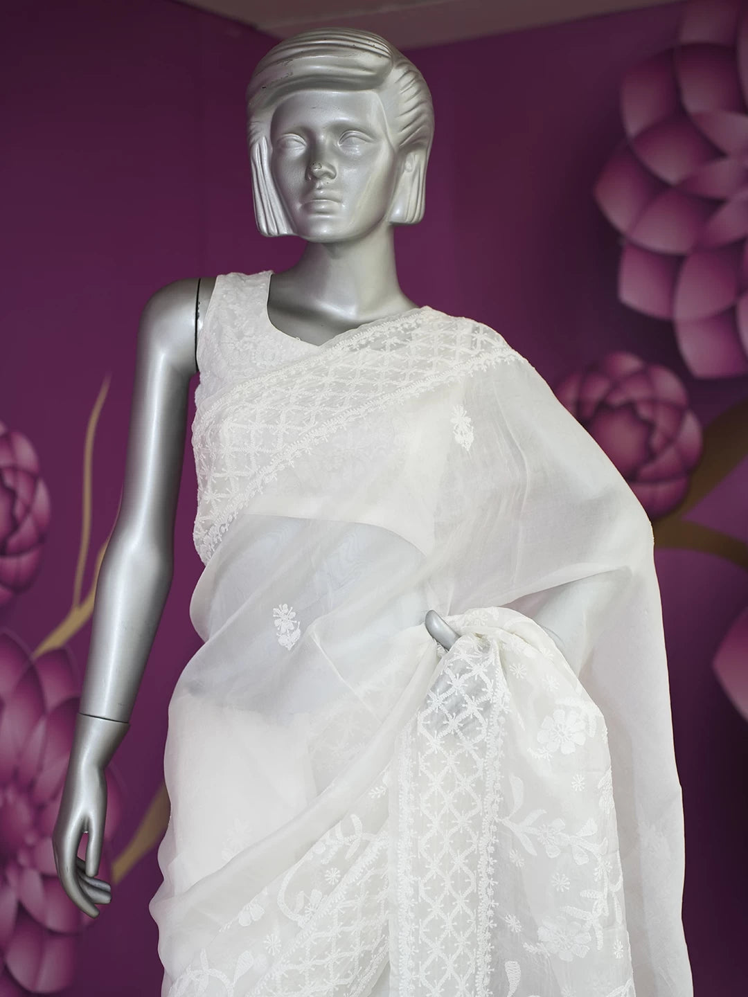 Ada Hand Embroidered Off White Organza Lucknowi Chikankari Saree With Blouse 01A516849