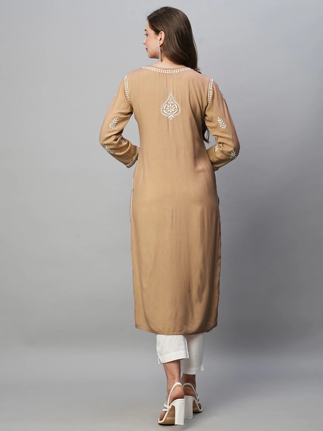 Ada Hand Embroidered Tan Brown Rayon Lucknowi Chikankari Straight Kurta A411485