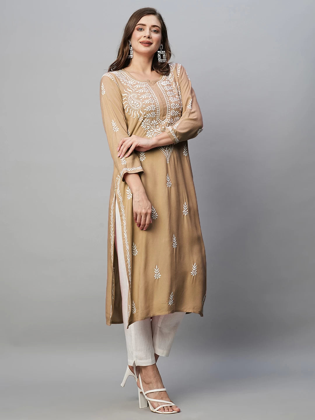 Ada Hand Embroidered Tan Brown Rayon Lucknowi Chikankari Straight Kurta A411485