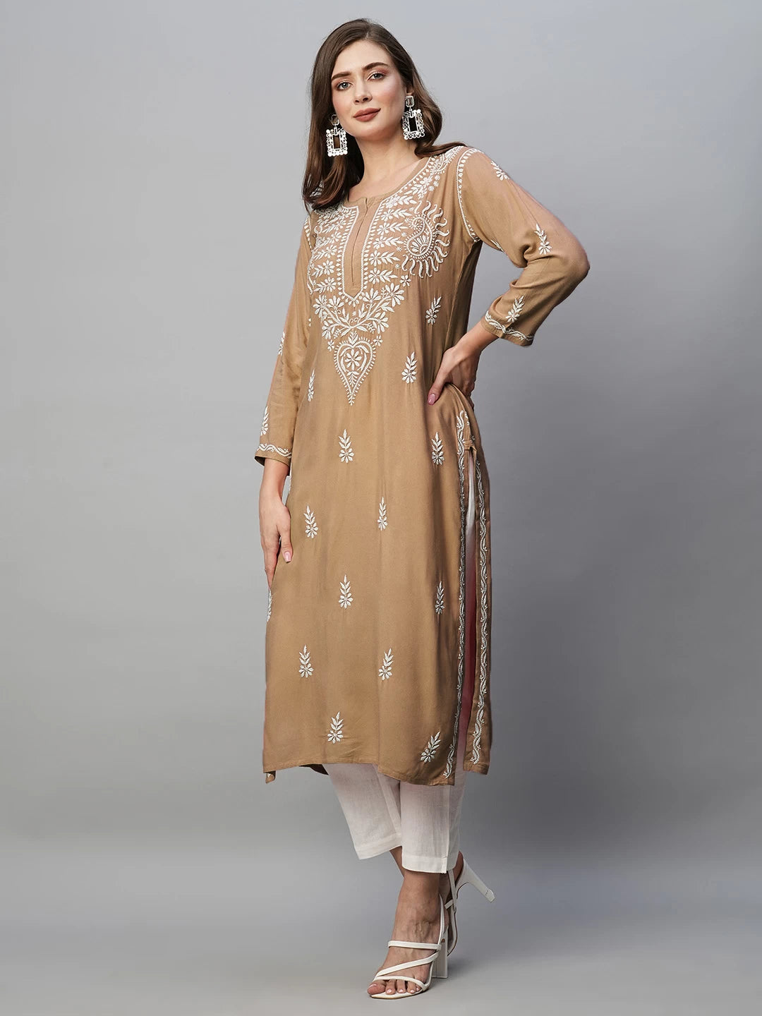 Ada Hand Embroidered Tan Brown Rayon Lucknowi Chikankari Straight Kurta A411485