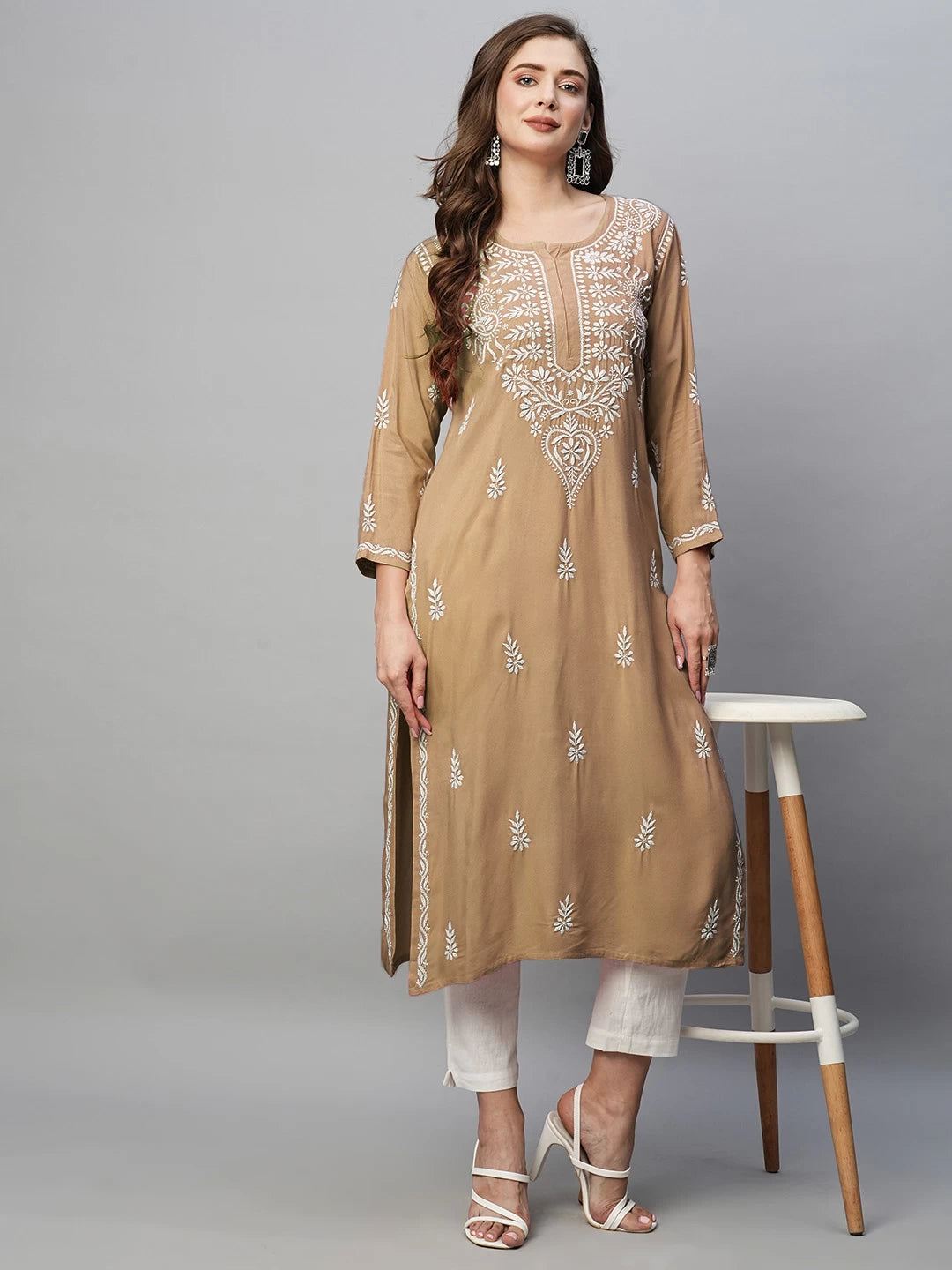 Ada Hand Embroidered Tan Brown Rayon Lucknowi Chikankari Straight Kurta A411485