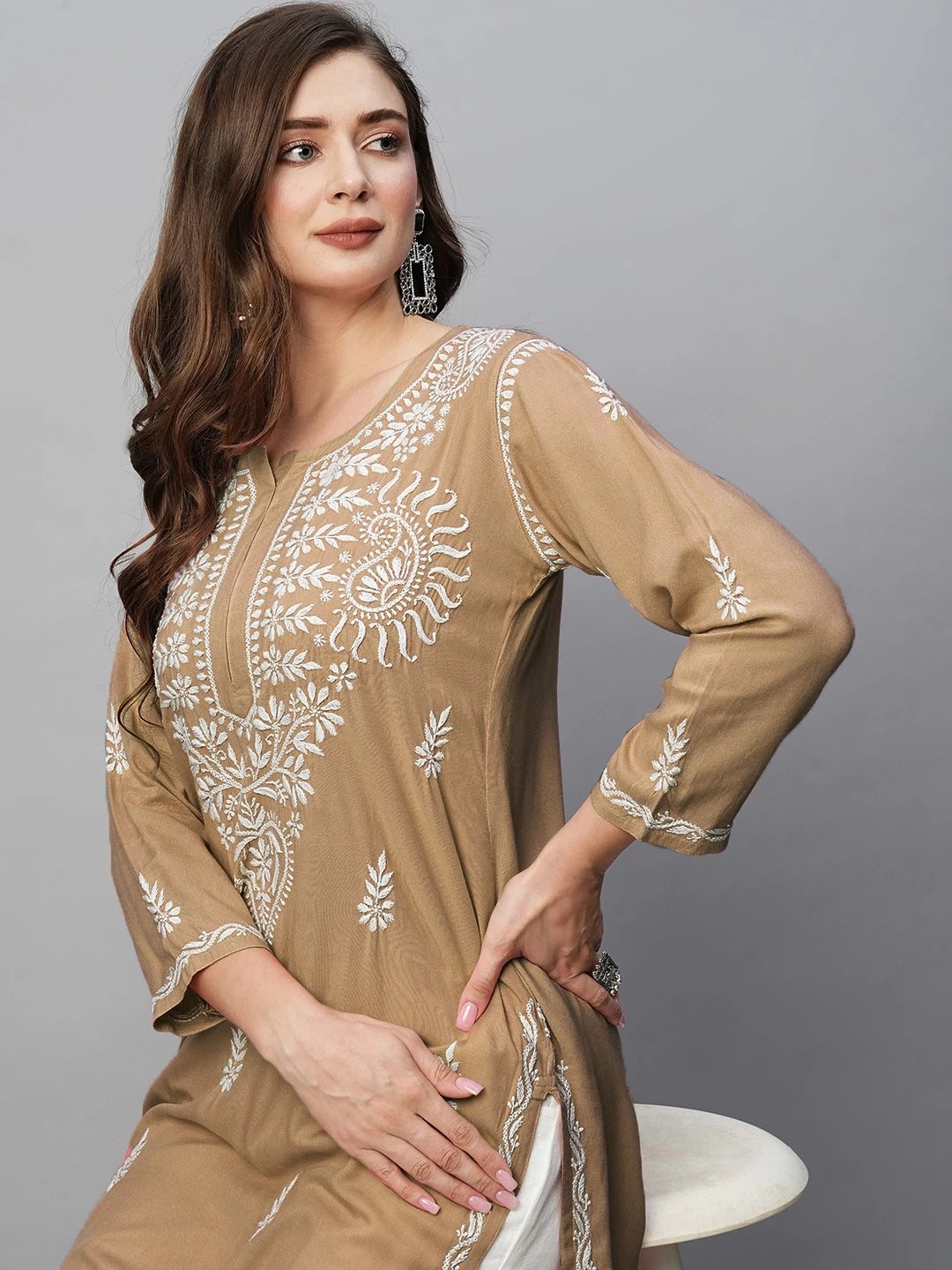 Ada Hand Embroidered Tan Brown Rayon Lucknowi Chikankari Straight Kurta A411485