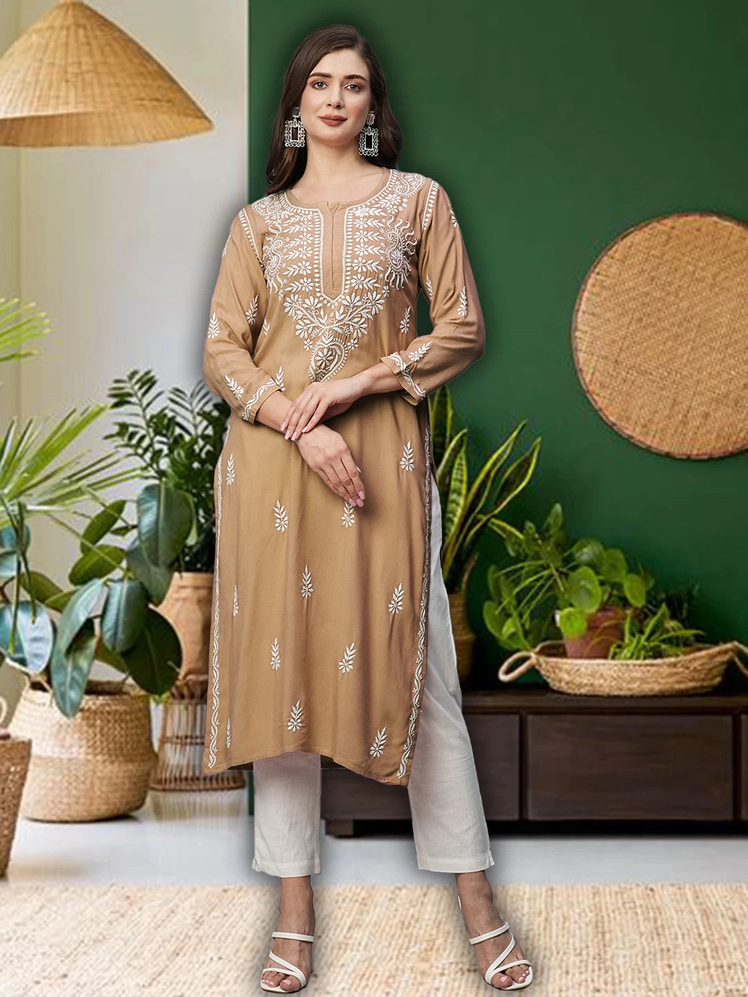 Ada Hand Embroidered Tan Brown Rayon Lucknowi Chikankari Straight Kurta A411485