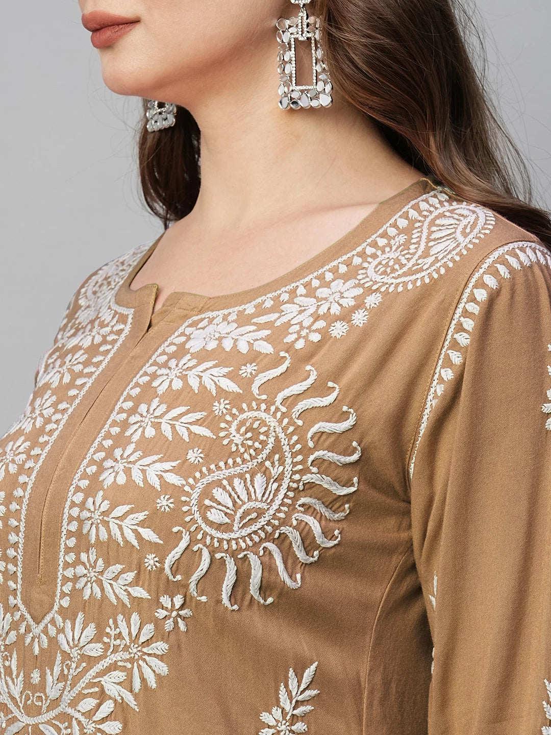 Ada Hand Embroidered Tan Brown Rayon Lucknowi Chikankari Straight Kurta A411485