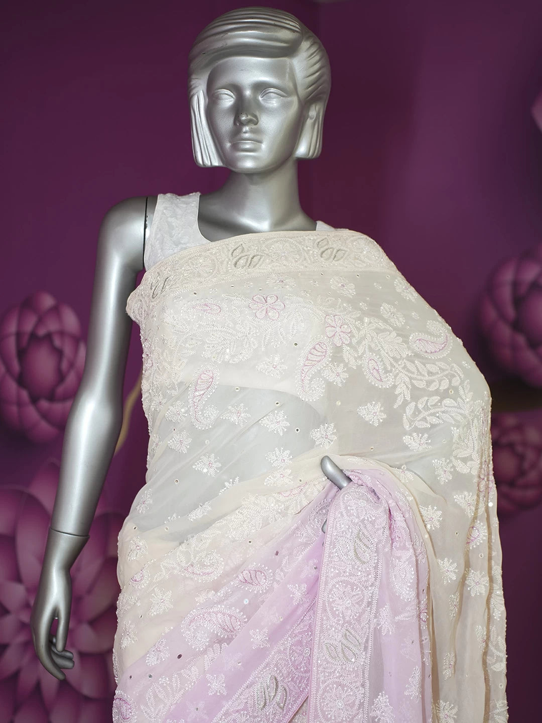 Ada Hand Embroidered Pink Pure Georgette Lucknowi Chikankari Saree/Blouse With Pearl Work 01A404698