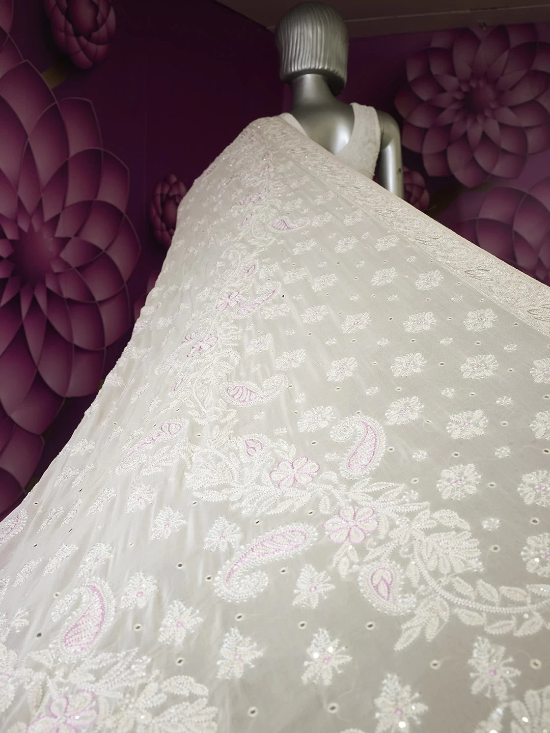 Ada Hand Embroidered Pink Pure Georgette Lucknowi Chikankari Saree/Blouse With Pearl Work 01A404698
