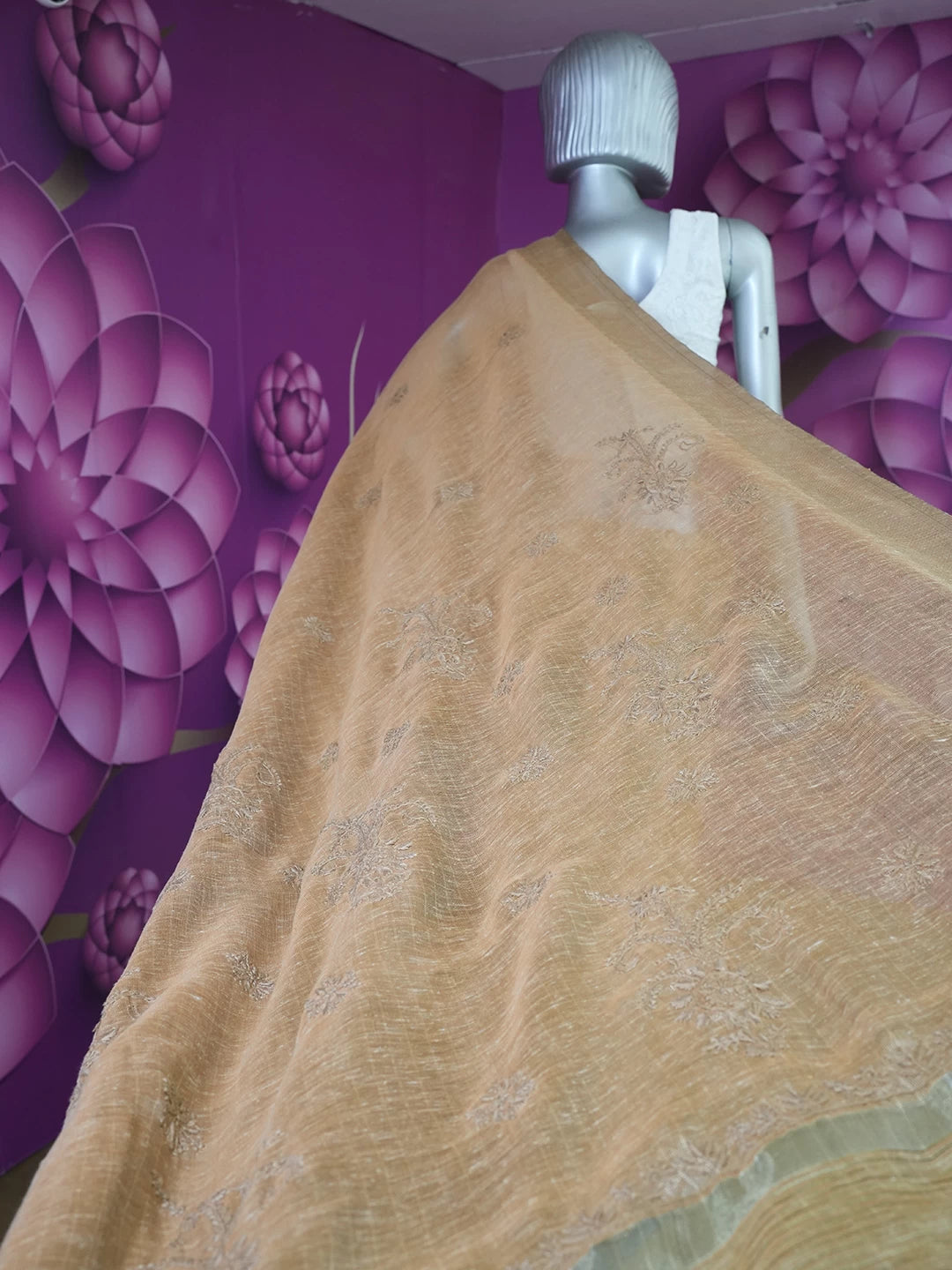 Ada Hand Embroidered Brown Tissue Lucknowi Chikankari Saree With Blouse 01A526562