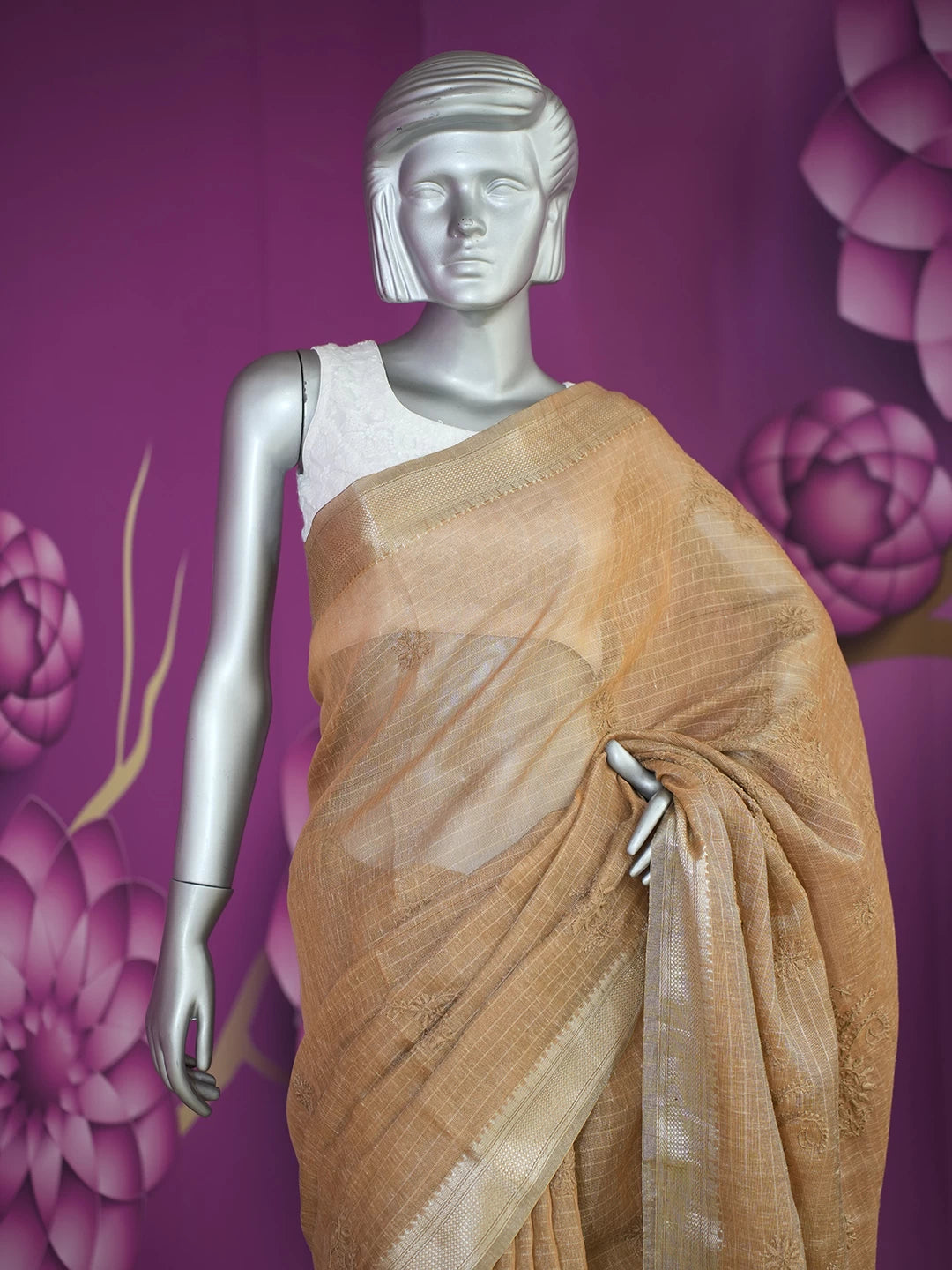 Ada Hand Embroidered Brown Tissue Lucknowi Chikankari Saree With Blouse 01A526562