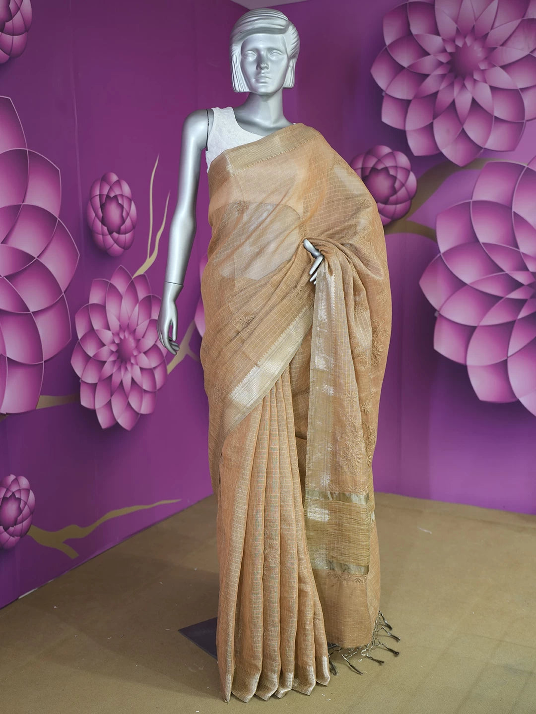 Ada Hand Embroidered Brown Tissue Lucknowi Chikankari Saree With Blouse 01A526562